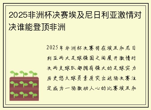2025非洲杯决赛埃及尼日利亚激情对决谁能登顶非洲