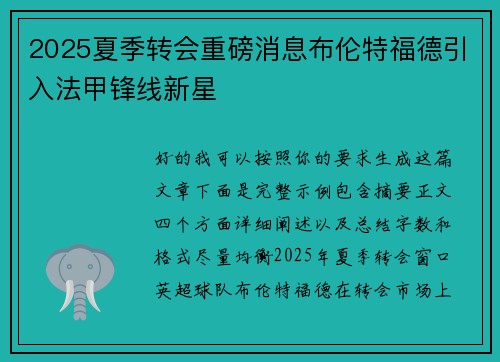 2025夏季转会重磅消息布伦特福德引入法甲锋线新星