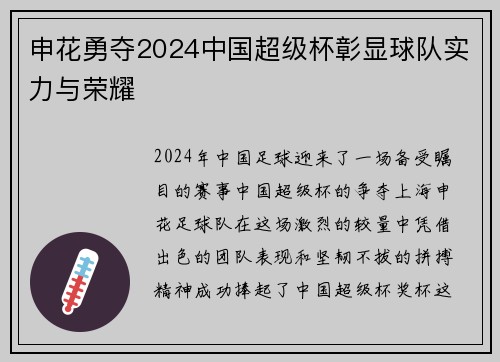 申花勇夺2024中国超级杯彰显球队实力与荣耀