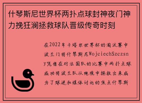 什琴斯尼世界杯两扑点球封神夜门神力挽狂澜拯救球队晋级传奇时刻